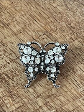 Crystal Butterfly Brooch Pin - Silver Tone